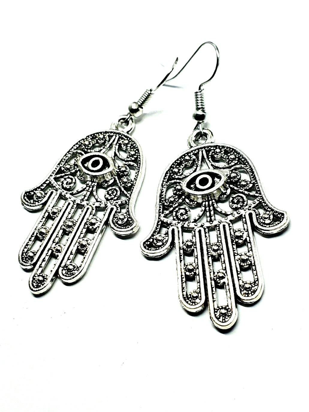 Large Hamsa Earrings Evil Eye Protection Filigree Silver Drop Dangle Jewellery