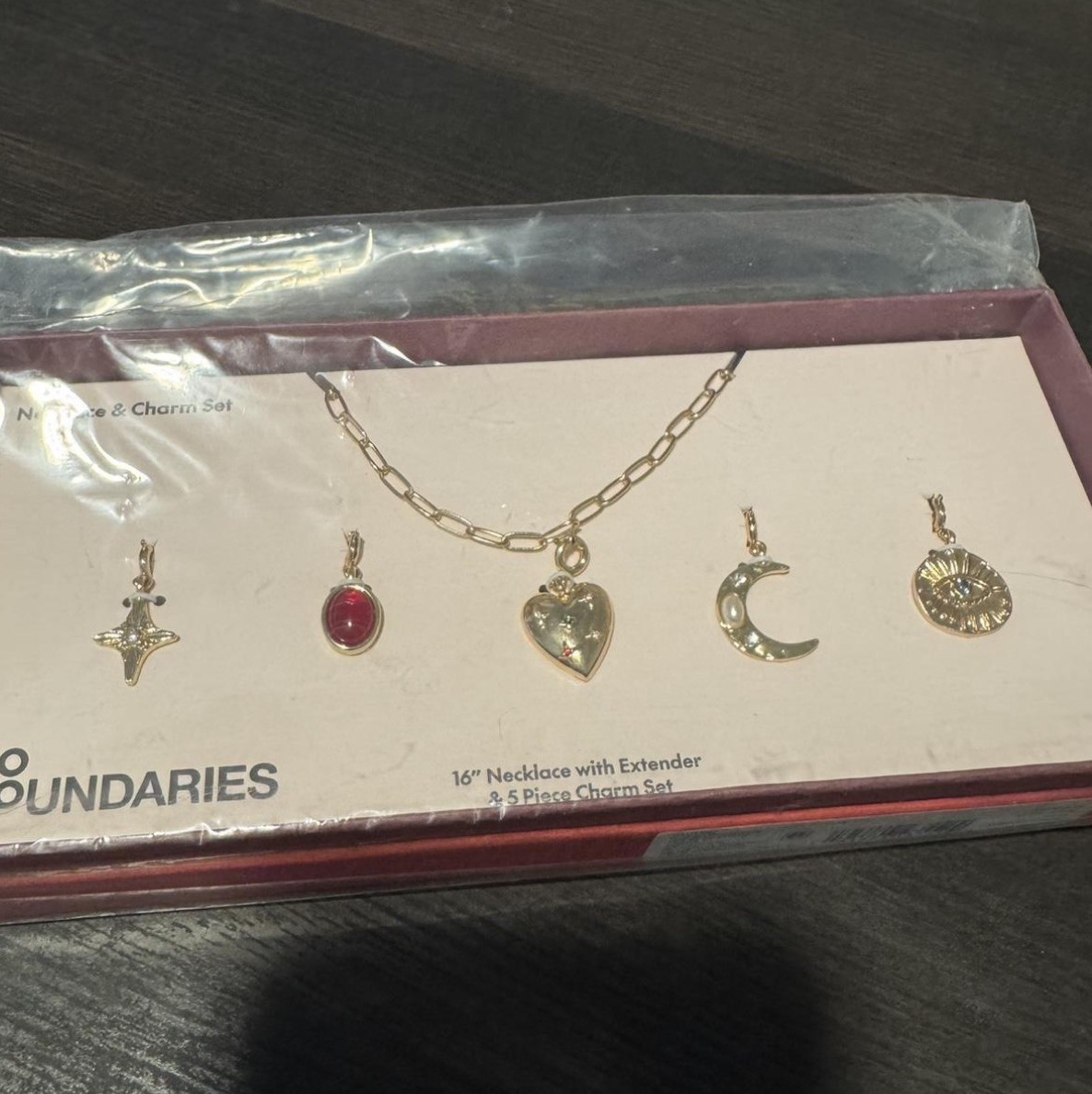 No Boundaries Goldtone Necklace & Charm Set Gift Box – New With Tags