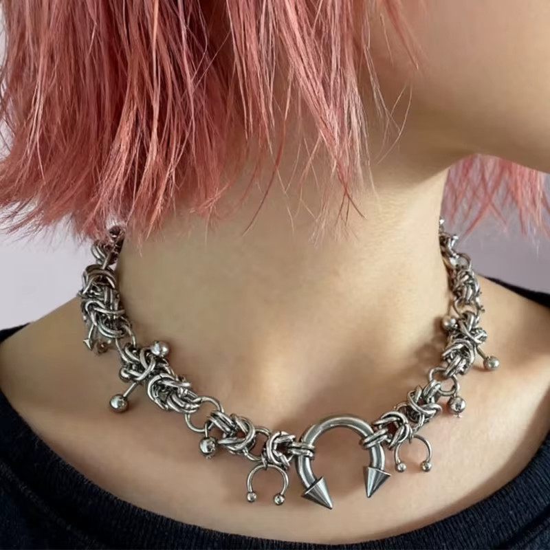 Gothic Horseshoe Ring Pendant Necklace Stainless Steel Grunge Choker Jewelry