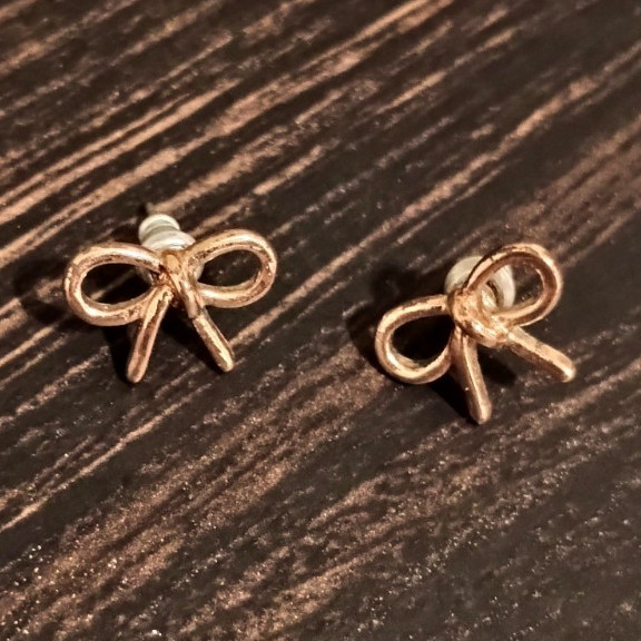 Gold Bow Stud Earrings, Clear Round Crystal Accent, Metal, Butterfly Back