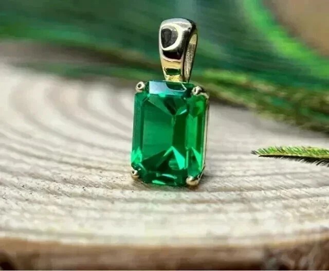 Women’s Solitaire Pendant 14k Yellow Gold Plated Emerald Cut Simulated Emerald