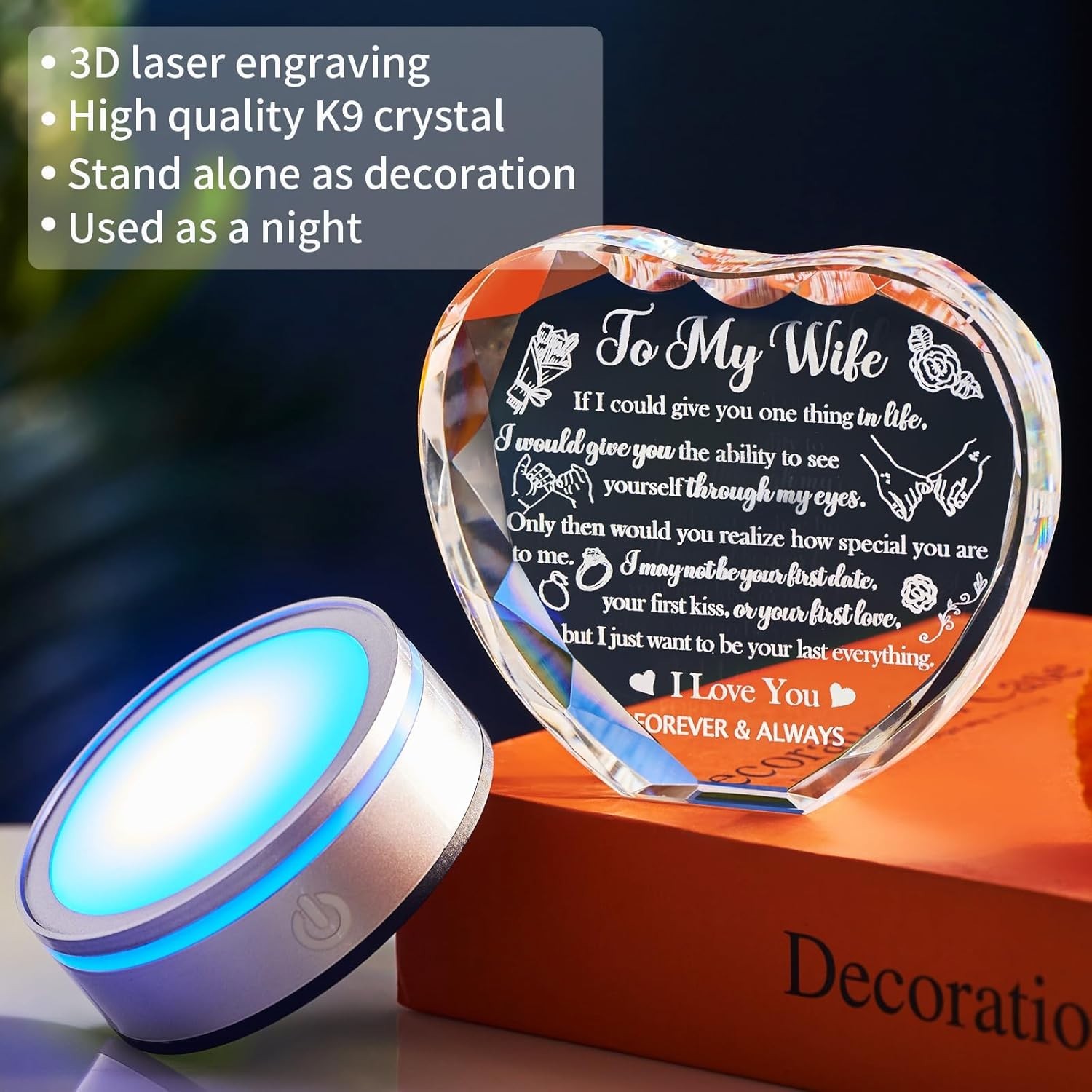 Romantic K9 Crystal Heart Gift for Wife with LED Base Anniversary Birthday