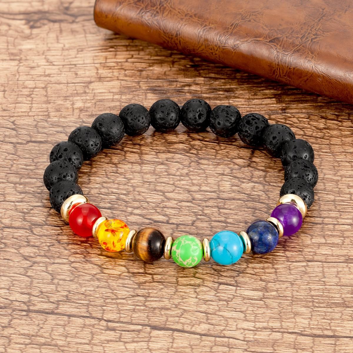 Chakra Bead Stone Bracelet Black Leather Steel Bangle for Men and Women