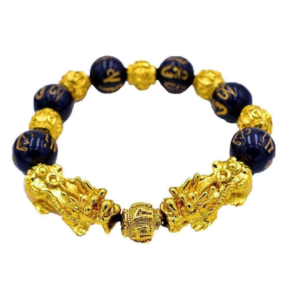 Ethnic Gold Six-Word Admonition Lucky Black Obsidian Feng Shui Pixiu Bracelet