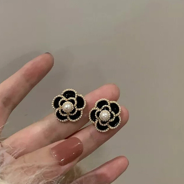 Cute Camellia Stud Earrings faux Pearl Women Elegant Jewelry Gift Floral Gem New