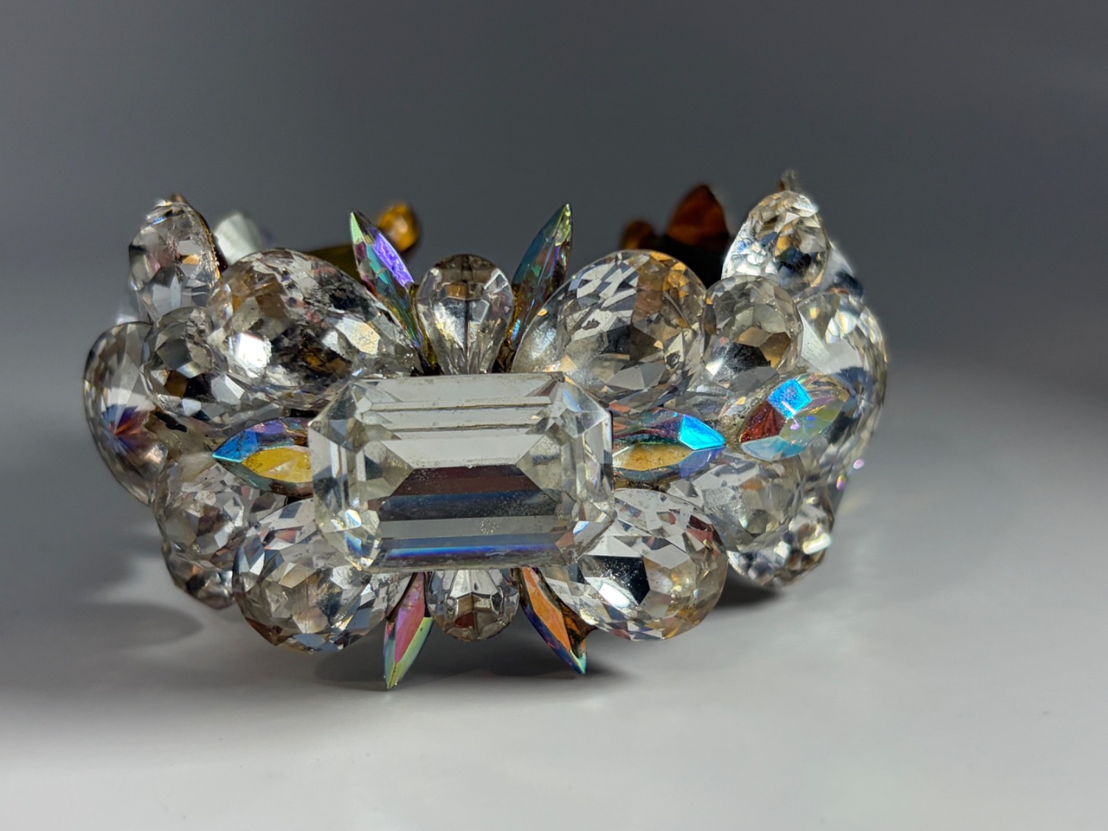 Massive Rhinestone Crystal Cuff Bracelet AB Glass Statement Runway Glam