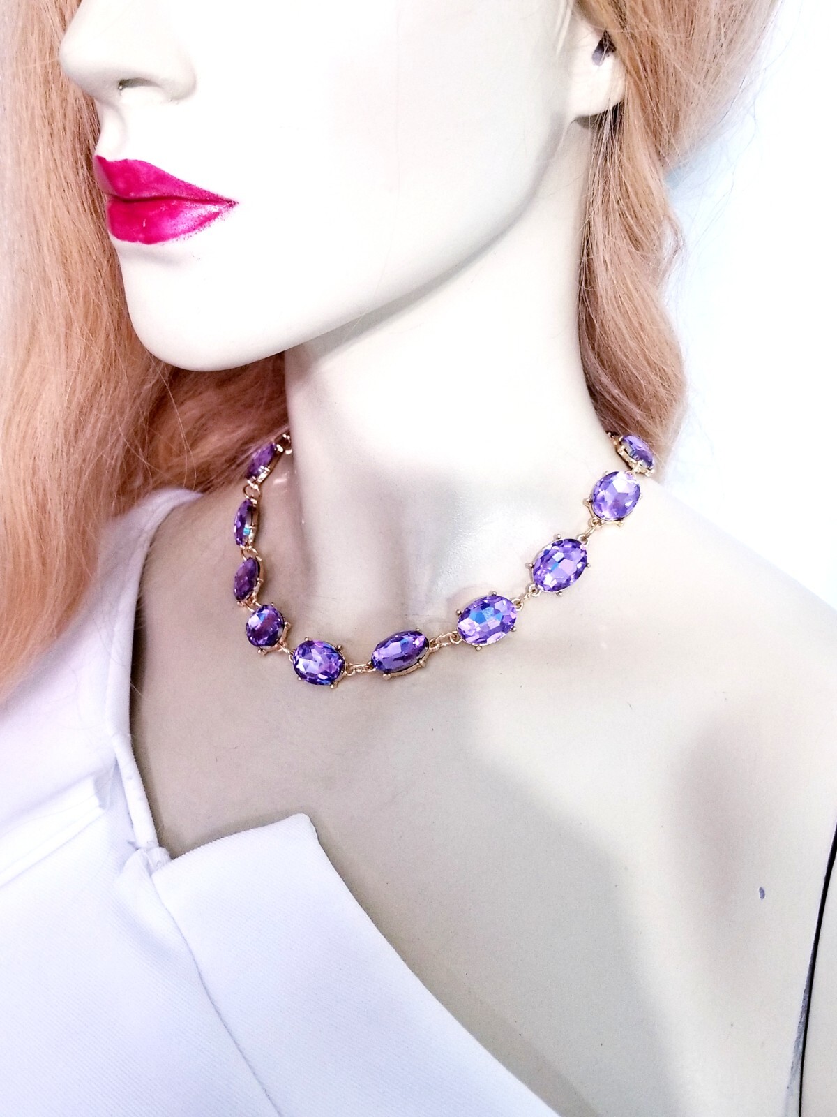Purple Crystal Choker Rhinestone Necklace Bracelet Set Bridal Prom Pageant