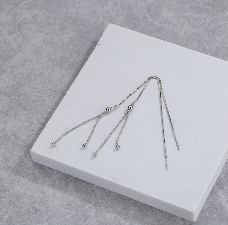 Women Silver Tone Tassel Threader Ball Dangle Drop Pull Earrings Fashion I121