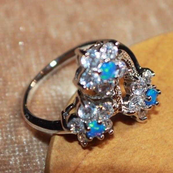 fire opal Cz ring gemstone silver jewelry Sz 6.5 7.5 cocktail engagement flower