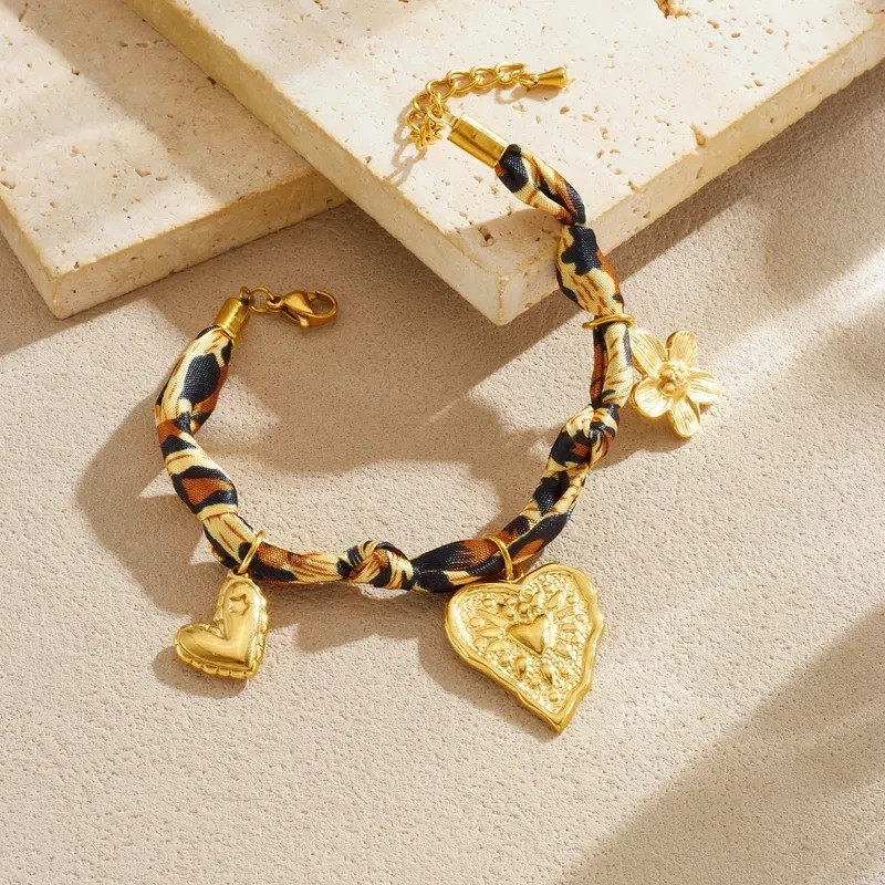 Charm Anklet Bracelet Twisted Braided Leopard Scarf Bandana Gold Plated Charms