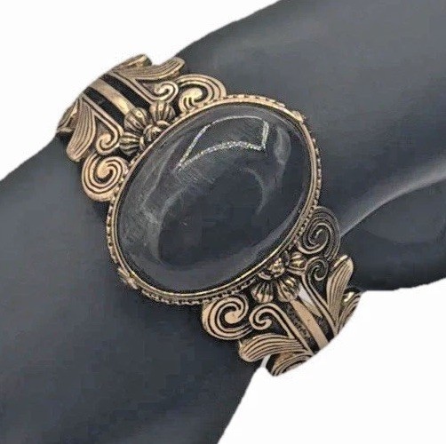 Vintage Gold-Tone Cuff Bracelet w/ Black Cabochon Victorian Style