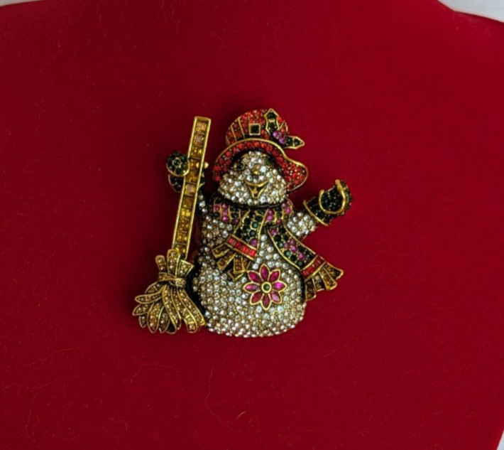 Multicolor Rhinestone Crystal Snowman with Broom 2 1/2″ x 2 1/4″ Brooch Pin