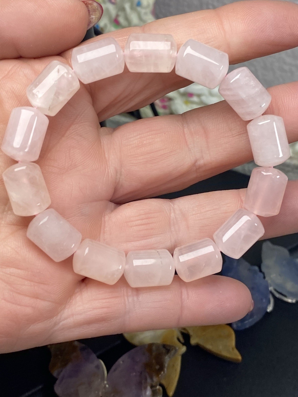 Vintage Pink Quartz Natural Stone Cubed Barrel Stone 10mm Stretch Bracelet