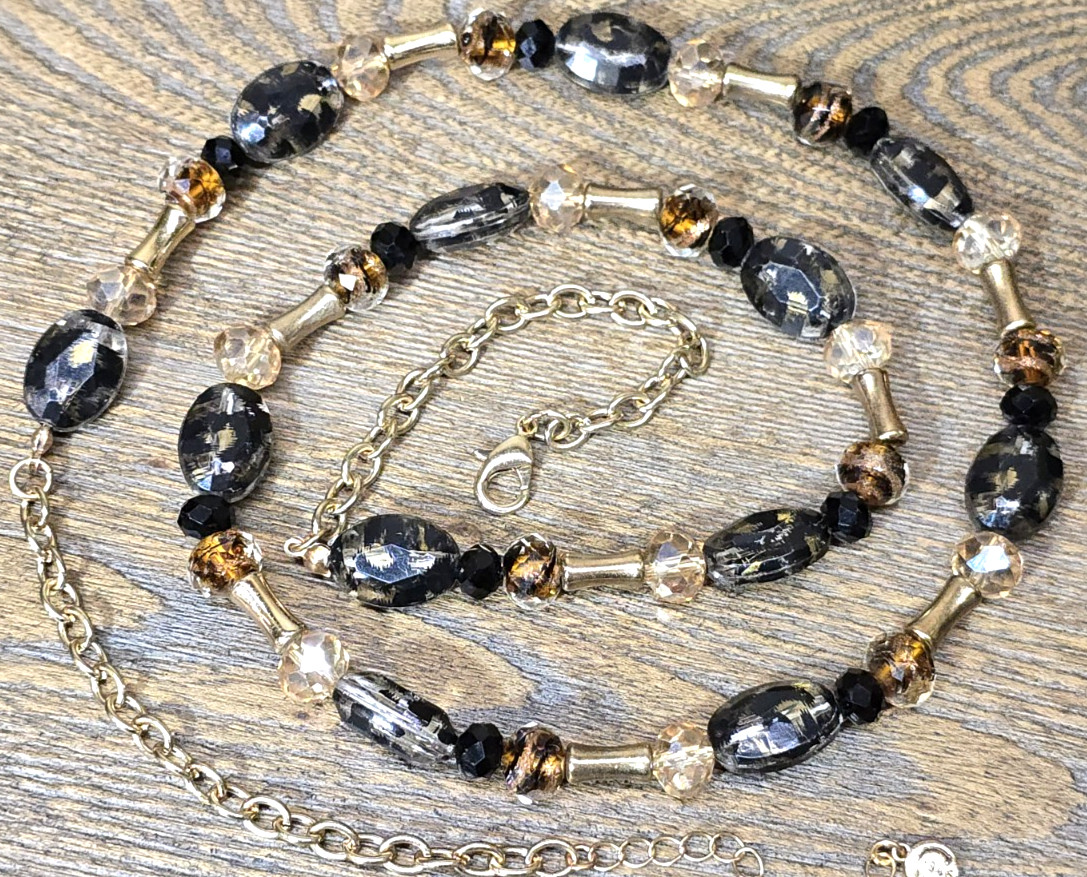 Circa C 1946 Long Beaded Necklace Gold Tone Leopard Print Beads Black Brown