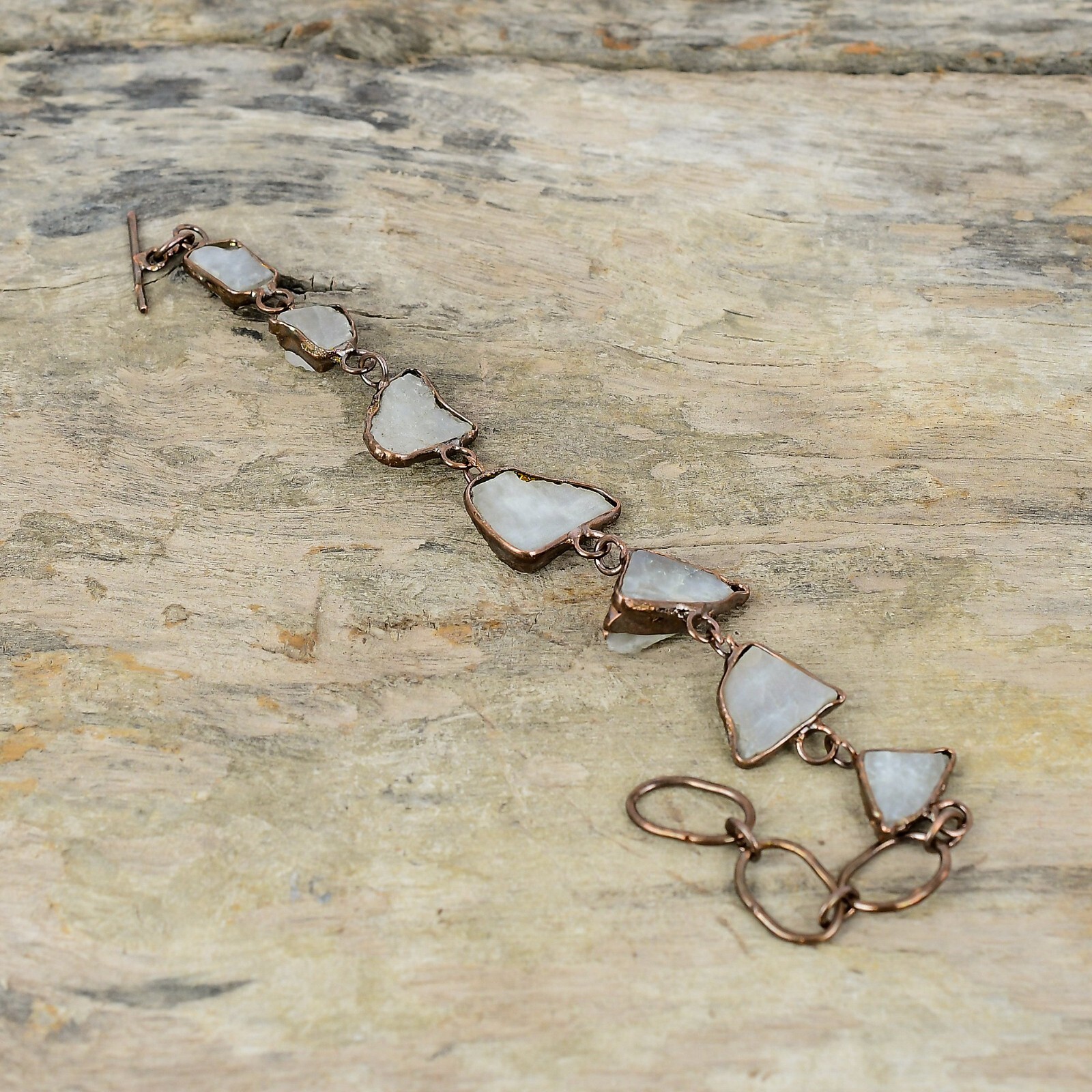 Rainbow Moonstone Rough Copper Mum Gift Electroformed Adjustable Bracelet 6.0″