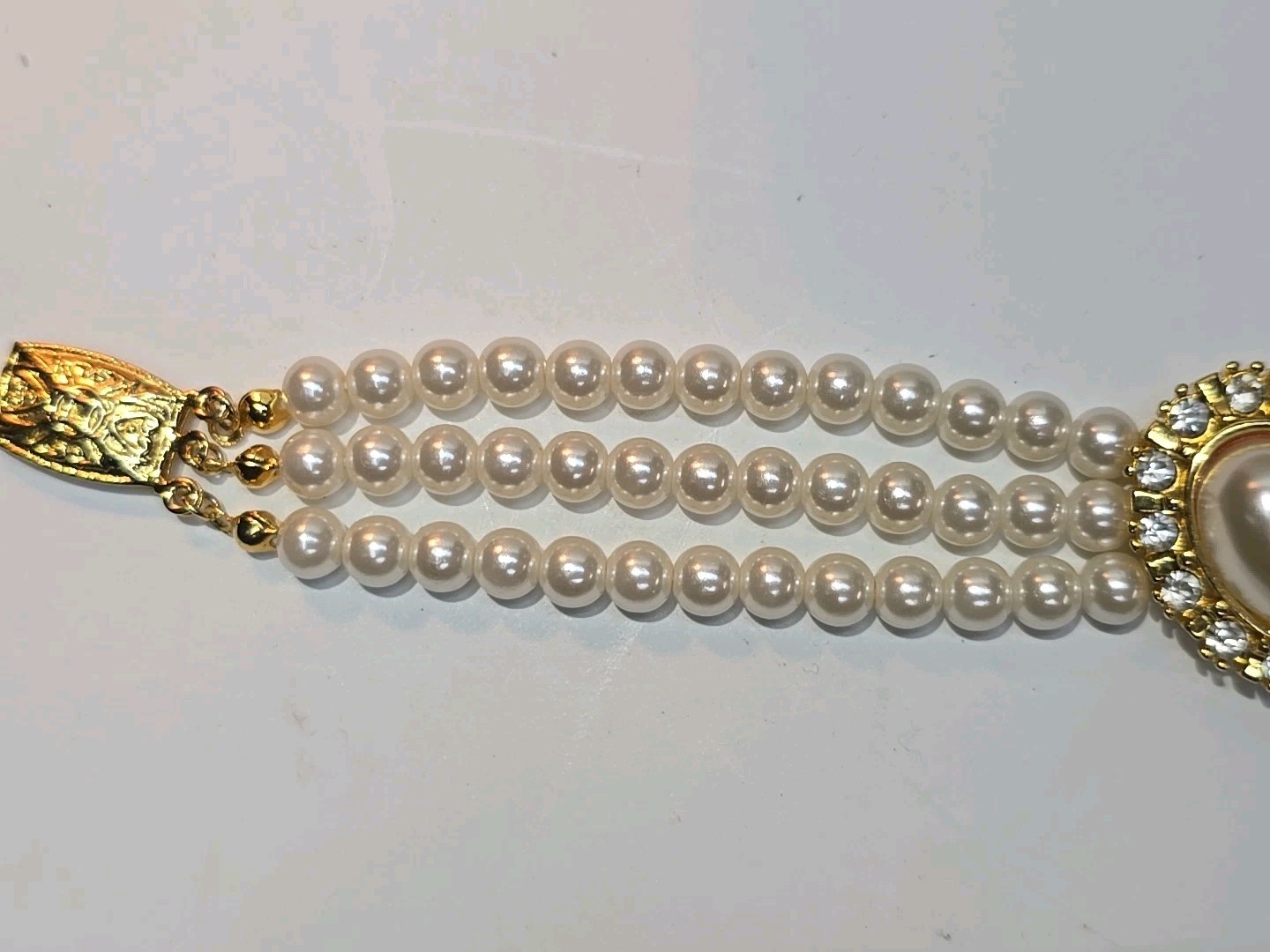 Victorian Revival 3 Strand Gold Tone Imitation Pearl Bracelet 6.5 inches