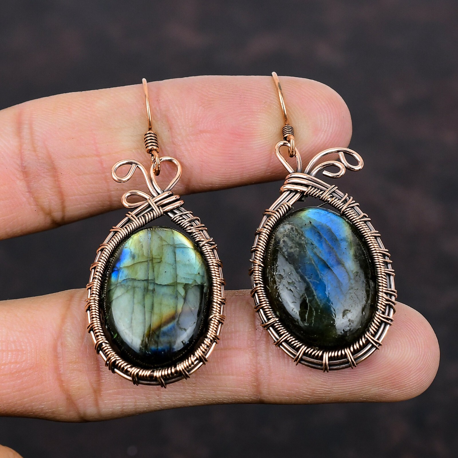 Labradorite Jewelry Copper Gift For Bridesmaid Wire Wrapped Earrings 2.2″