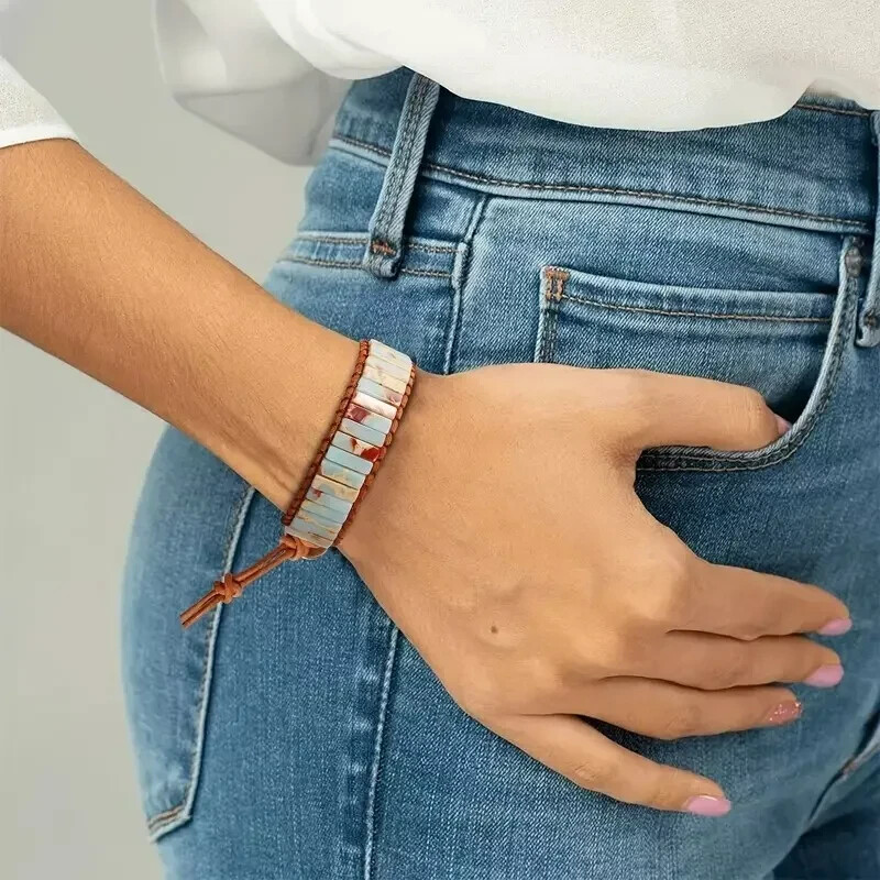 Natural African Opal Tube Stone Braided Gemstone Bracelet Adjustable Boho Gift