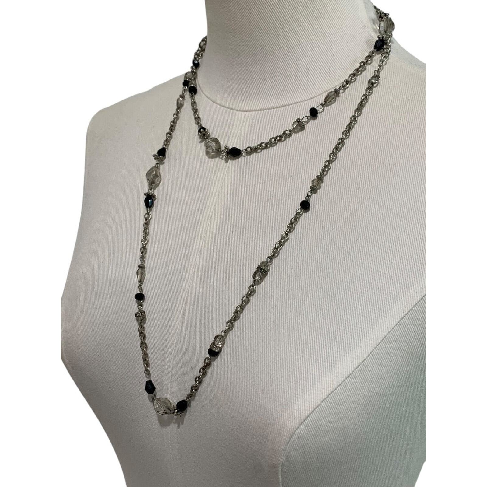 Long Strand String Necklace 42 Inches Silvertone Black Lobster Clasp