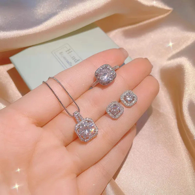 Silver CZ Halo Jewelry Set Necklace Ring Earrings Women Cushion Cut