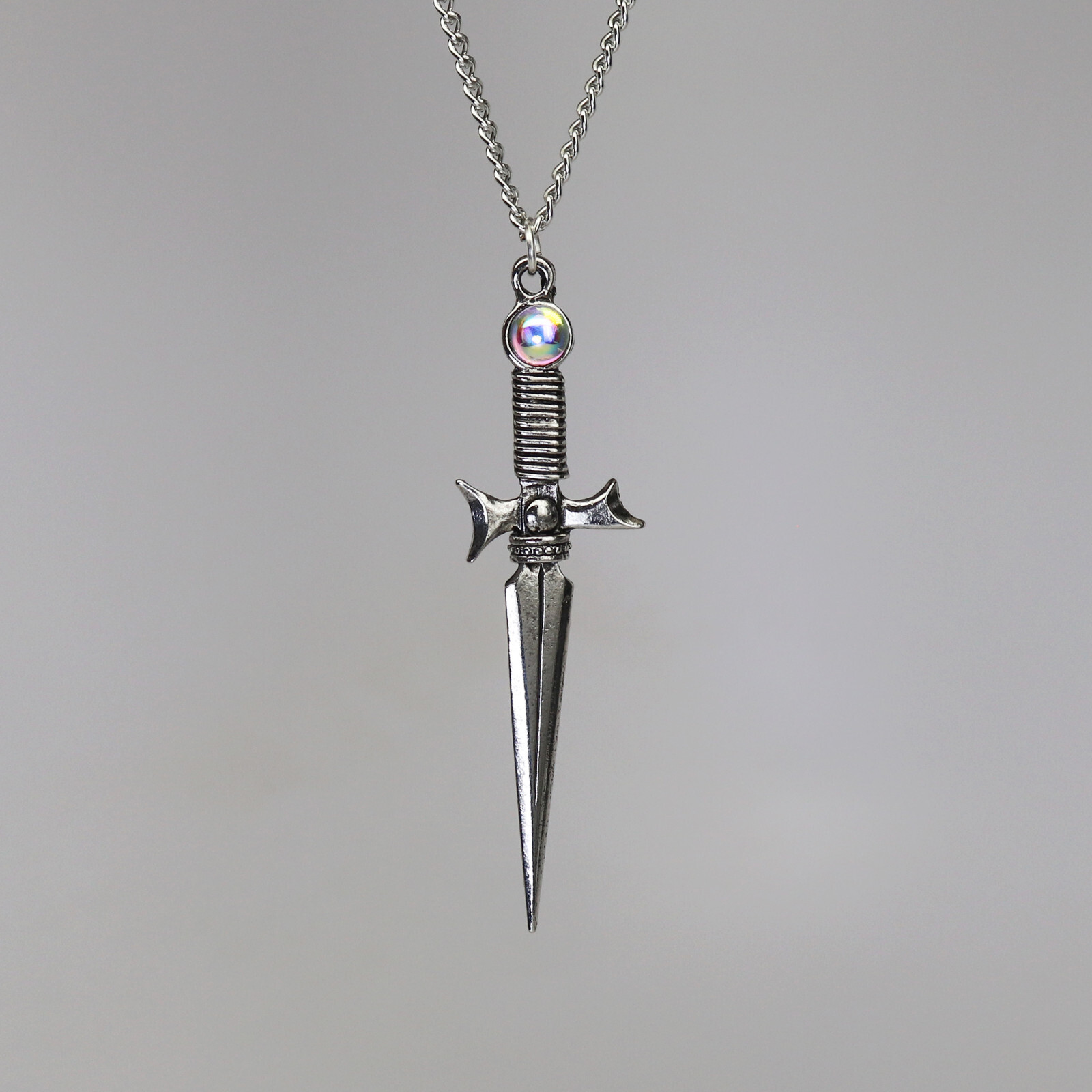 Silver Finish Sword with Red Aurora Borealis Stone Pendant Necklace NK-338