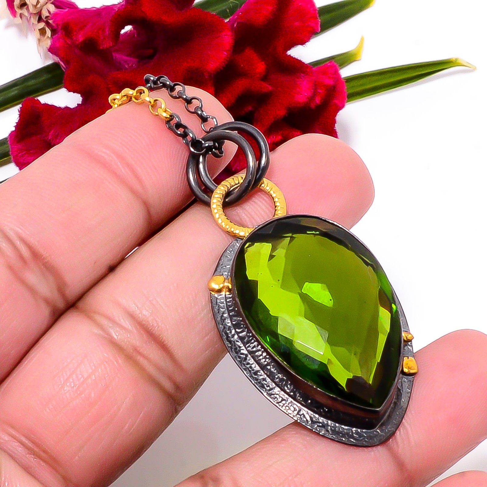 Green Tourmaline Gold Rhodium 925 Sterling Silver Chain Pendant 18-22″ Sku17