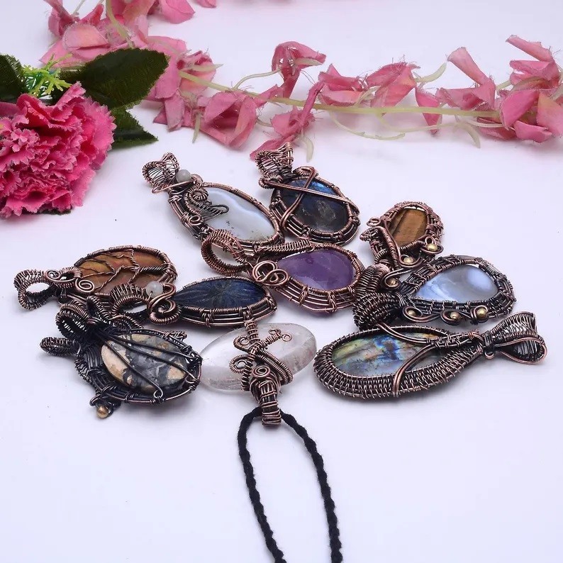 Natural Handmade Mix Gemstone Copper Wire Wrap 10 Pcs Lot Pendant Jewelry Reiki