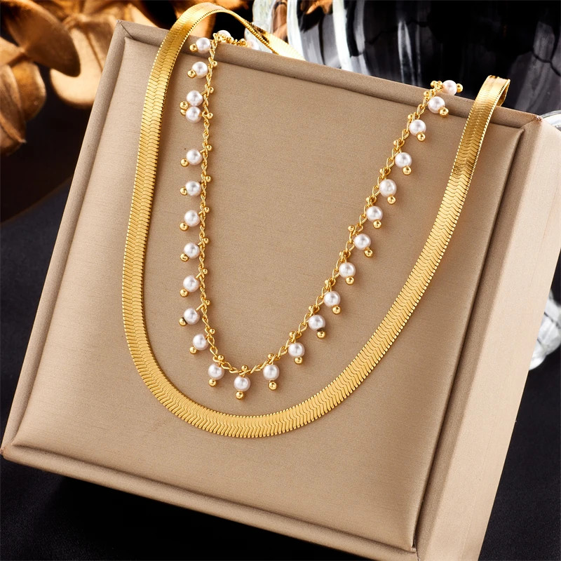 Ball Bead Chain Necklace 316L Stainless Steel Imitation Pearl Women Jewelry