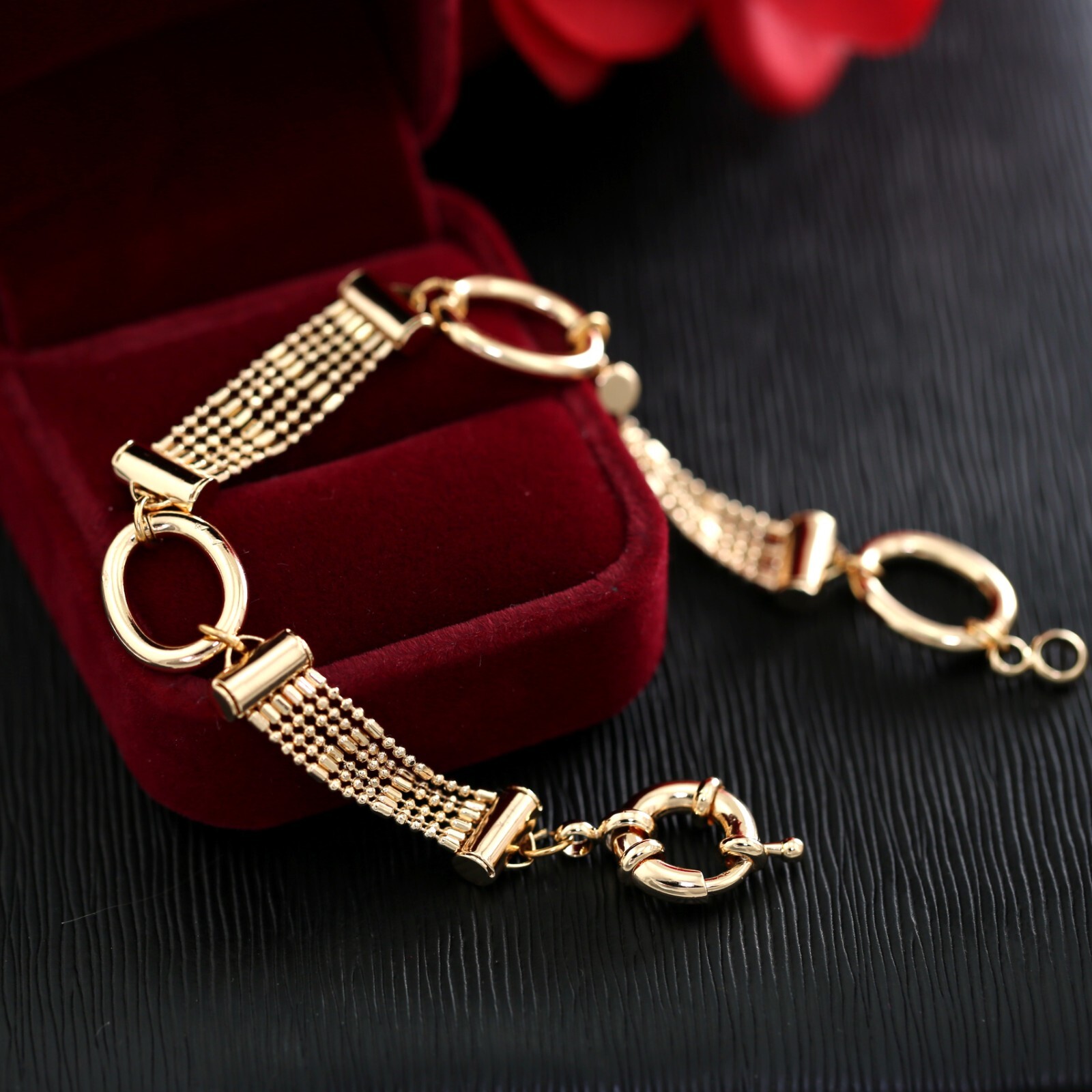 18K ROSE GOLD FILLED MULTI BEADED O LINKS CHAIN BOLT RING BANGLE BRACELET 18.5CM