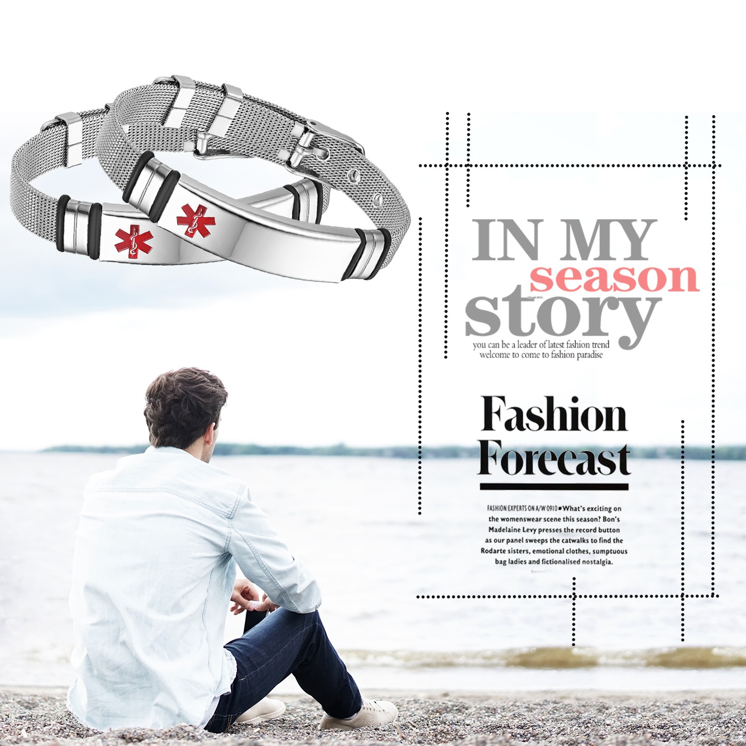 Custom Medical Alert ID Mesh Bracelet Emergency Conditions Allergies Diabetic