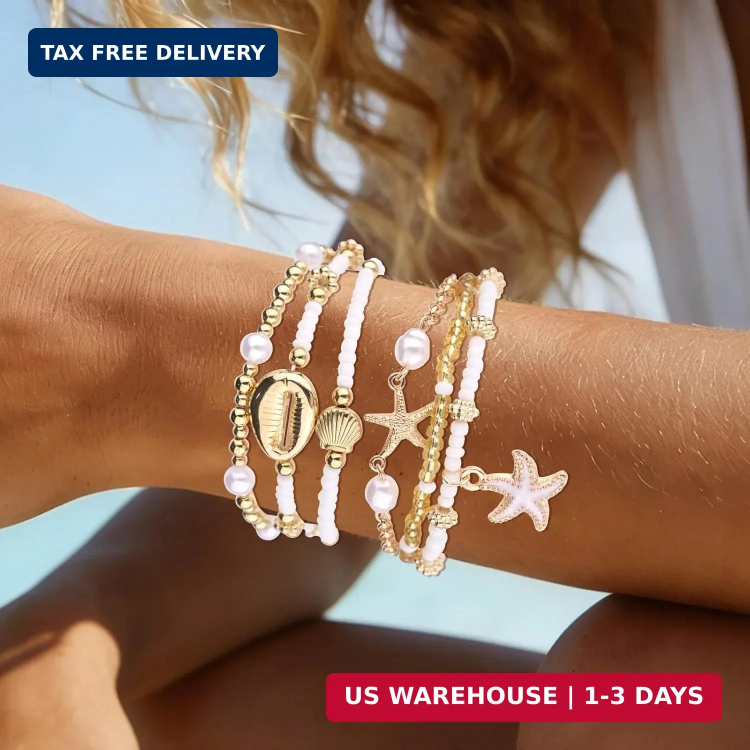Mikovivi 7pcs Summer Beach Bracelets for Women, Stackable Shell Seashell Starfis