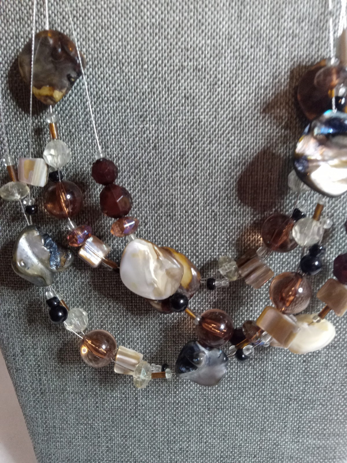 Classic Three Strand Multi- Brown Mix Bead Abalone Shell Necklace 20″ in Length