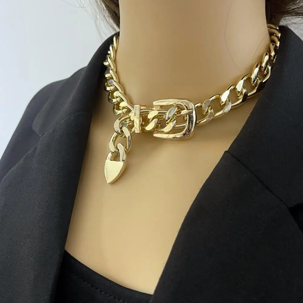 Women’s Belt Buckle Cuban Chunky Choker Necklace Silver Gold 88-1