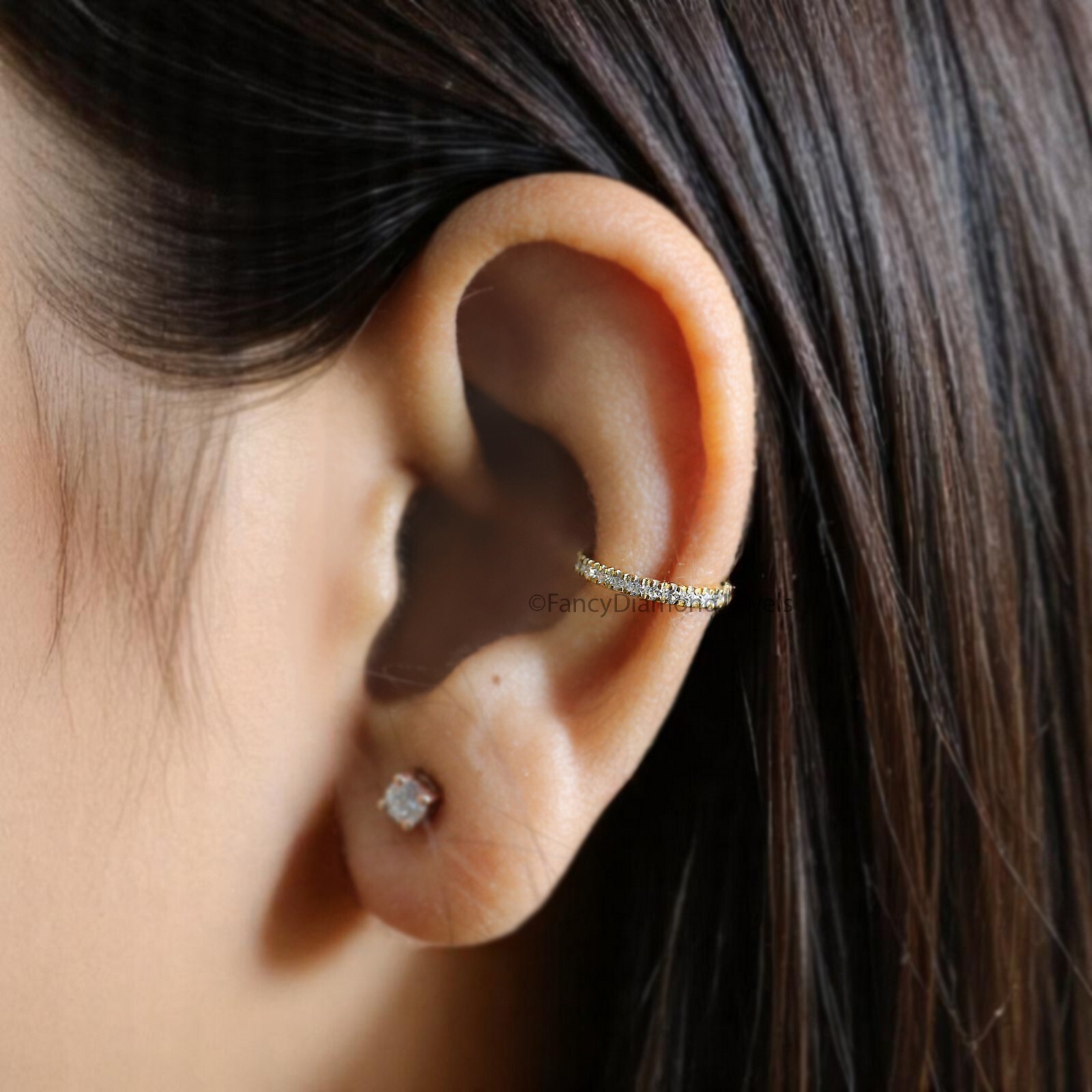 Round Brilliant Cut Colorless Moissanite Diamond Ear Cuff Dainty Ear Cuff FD366
