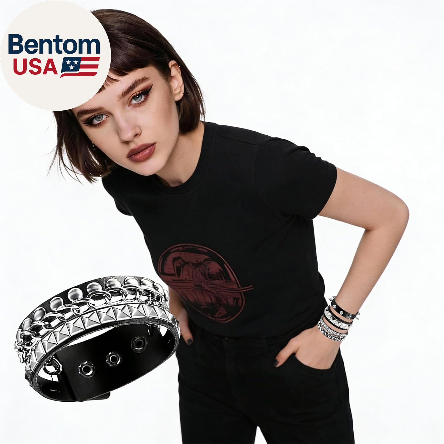 5 Pcs Spiked Bracelets Black Studded Cuff Punk Jewelry, Adjustable Gothic Emo Al