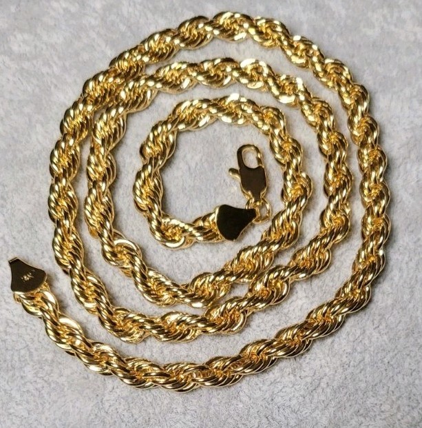 Men’s 14K Triple Gold Plated Diamond Cut Rope Chain, 6mm, 21.75″, 44gms, Stamped
