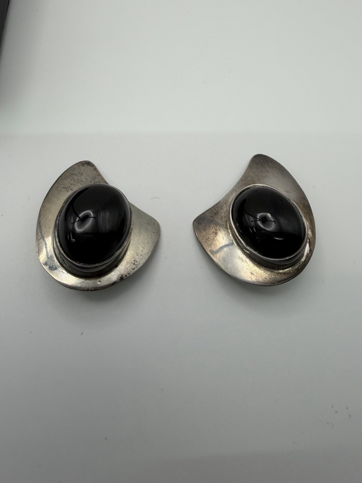Vintage Taxco Mexico 925 Sterling Silver & Onyx Clip On Earrings 16.95 Grams