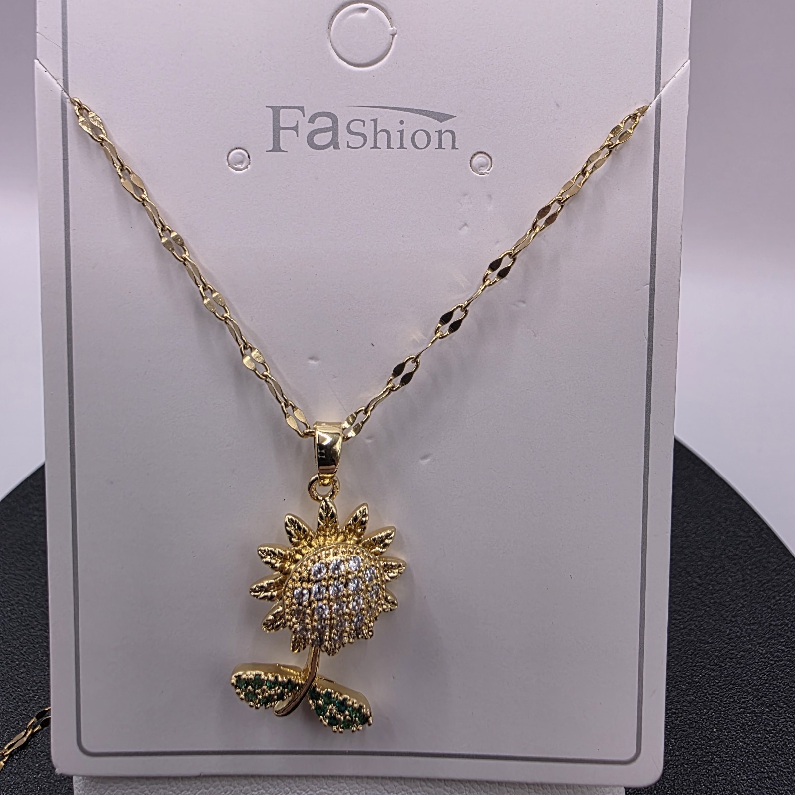Stainless Steel Copper Plated 16″Necklace w/24mm Cz Sunflower In Motion Pendant