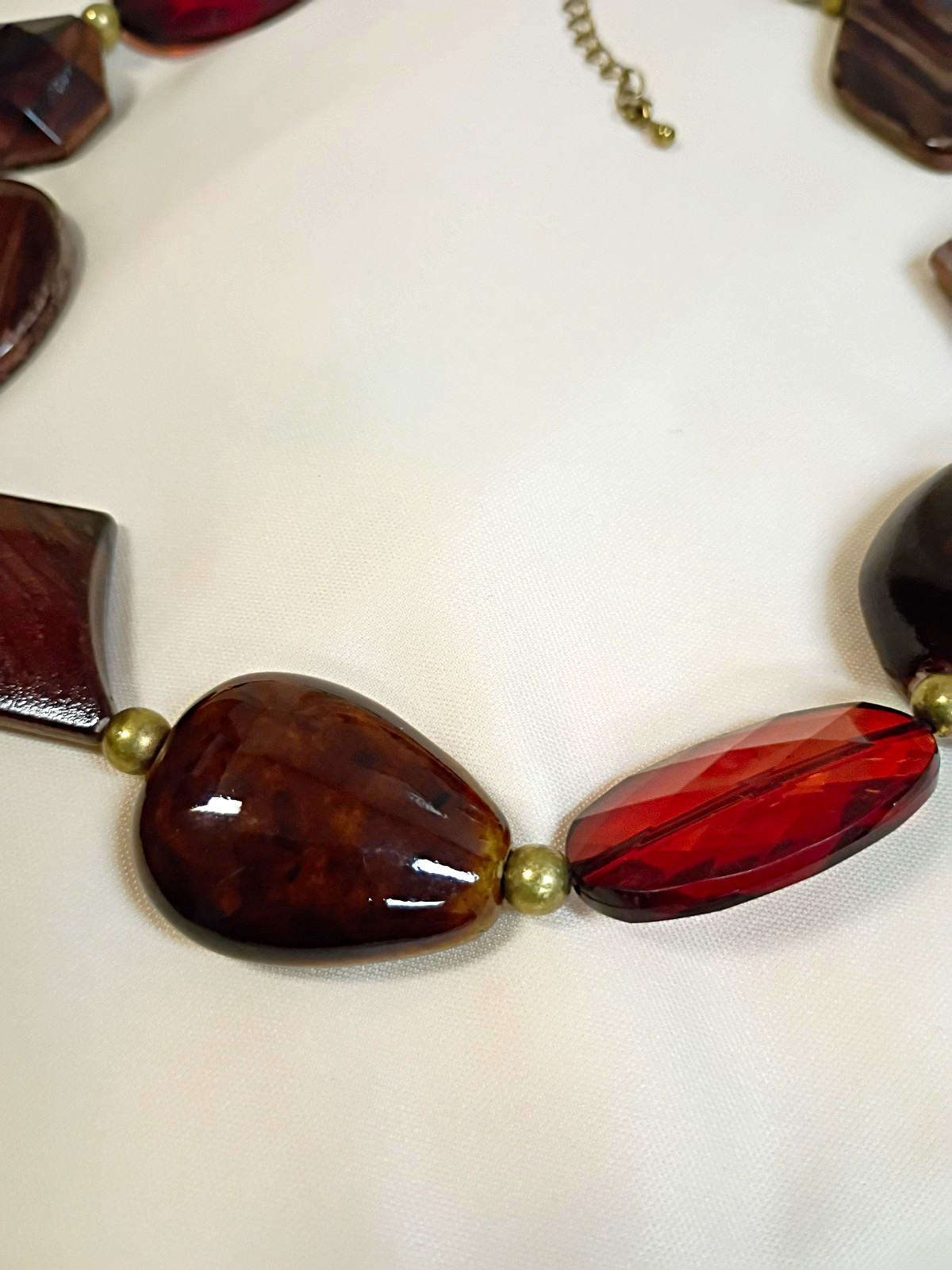 Brown & Red Beaded Faux Wood Beads Statement Necklace Gold Adjustable Extender