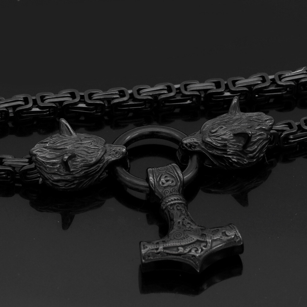 Men’s Stainless Steel Nordic Viking Wolf &Thor Hammer Mjolnir Pendant Necklace