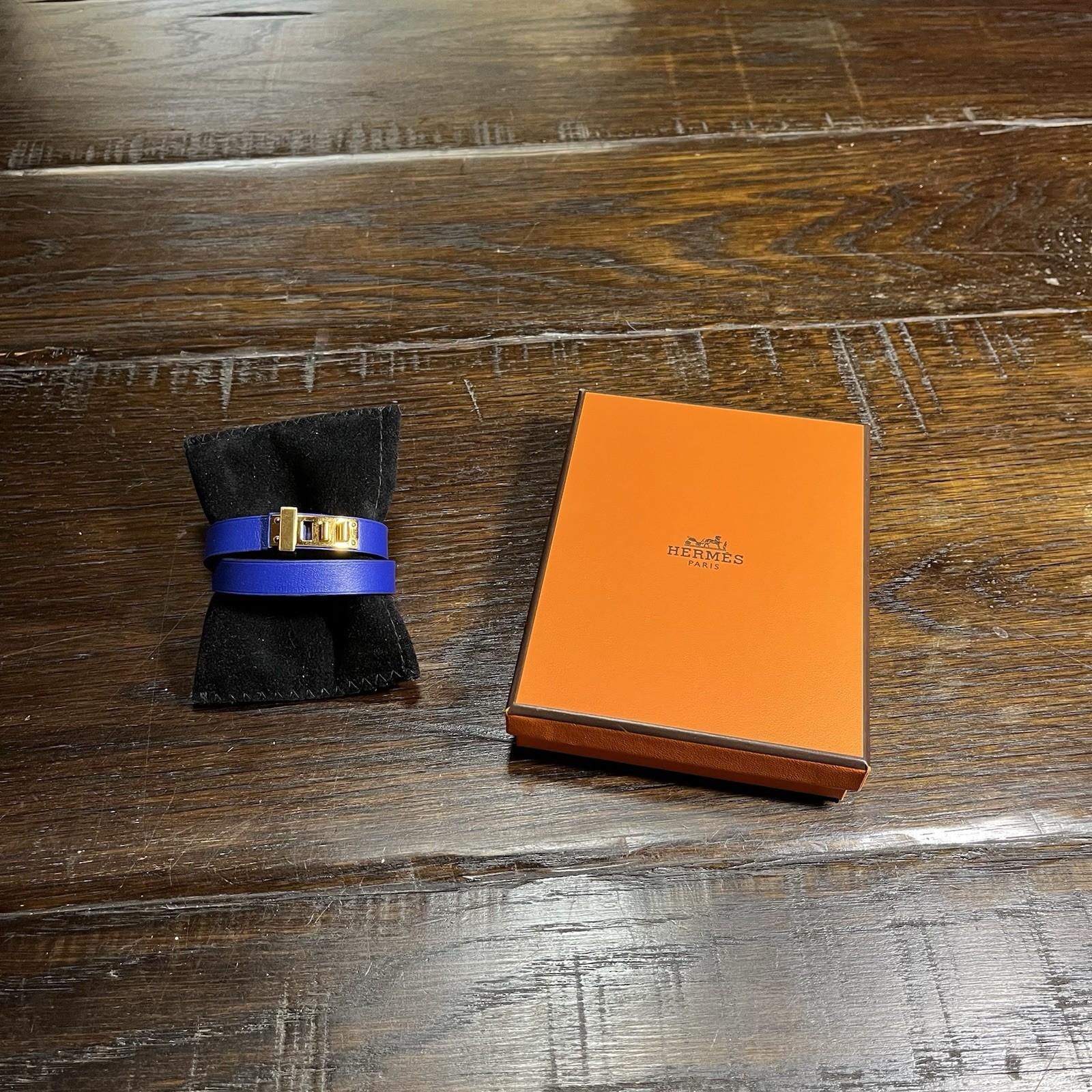Hermes Bracelet Leather Mini Dog Double Tour Women Blue Gold Tone Hardware Box