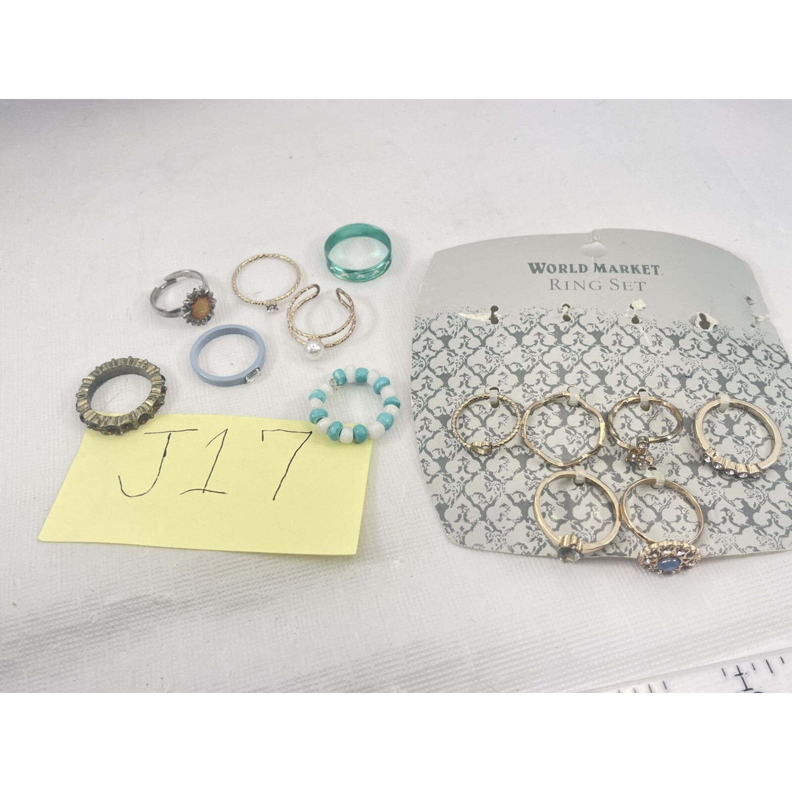 Lot of 13 World Market Ring Set Gold Tone w/ Rhinestones Pearl Beaded Jewelry