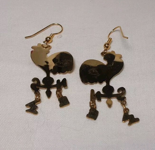 Earring Gold Tone Cloisonne Multicolor Chicken Roaster Dangle N S W E Pierce