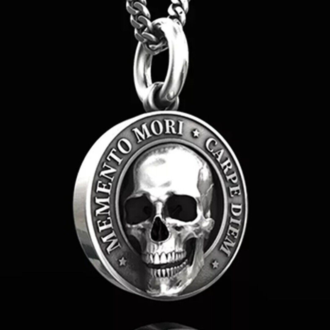 Memento Mori Skull Silver Skull Necklace Stainless Steel Chain Pendant Retro~