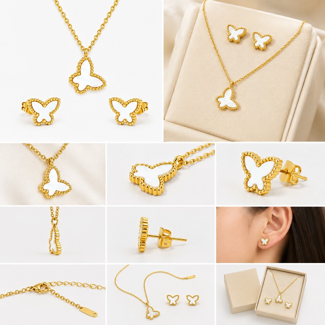 Gold Tone White Enamel Butterfly Pendant Necklace & Stud Earrings Jewelry Set