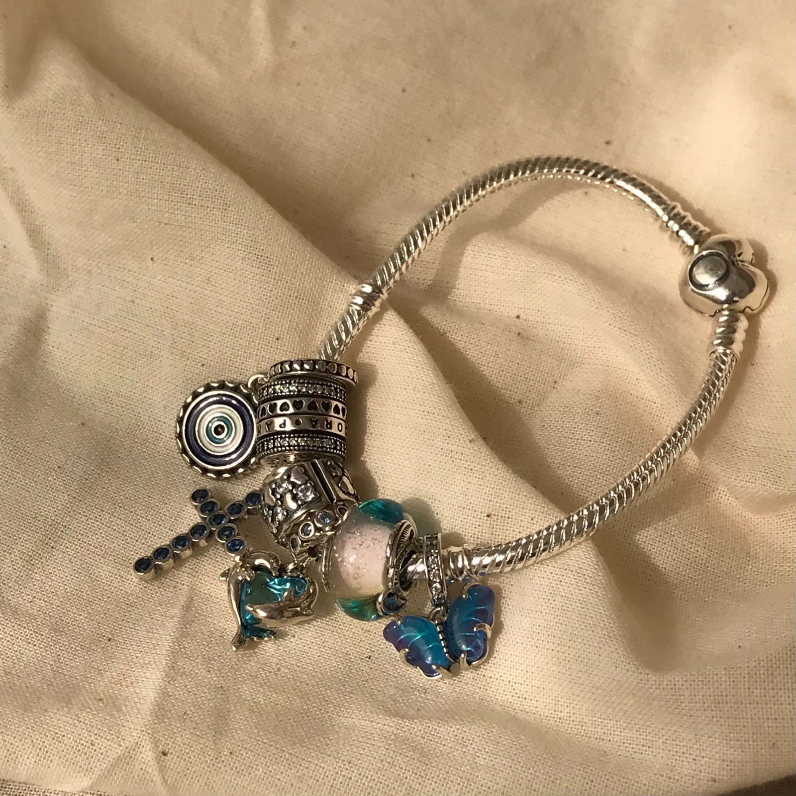 Pandora Blue Murano Glass Butterfly Dangle Charm Sterling Silver CZ #792698C01