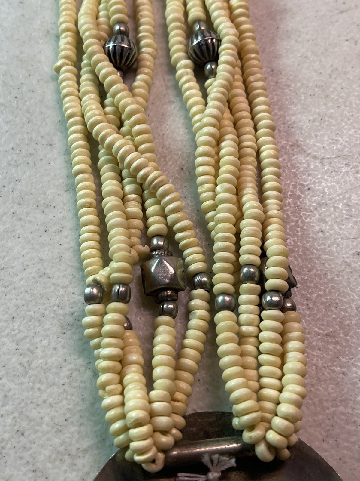 Multi Strand Cream/Silver Bead 19.5” Necklace Round Disk Native American Looking