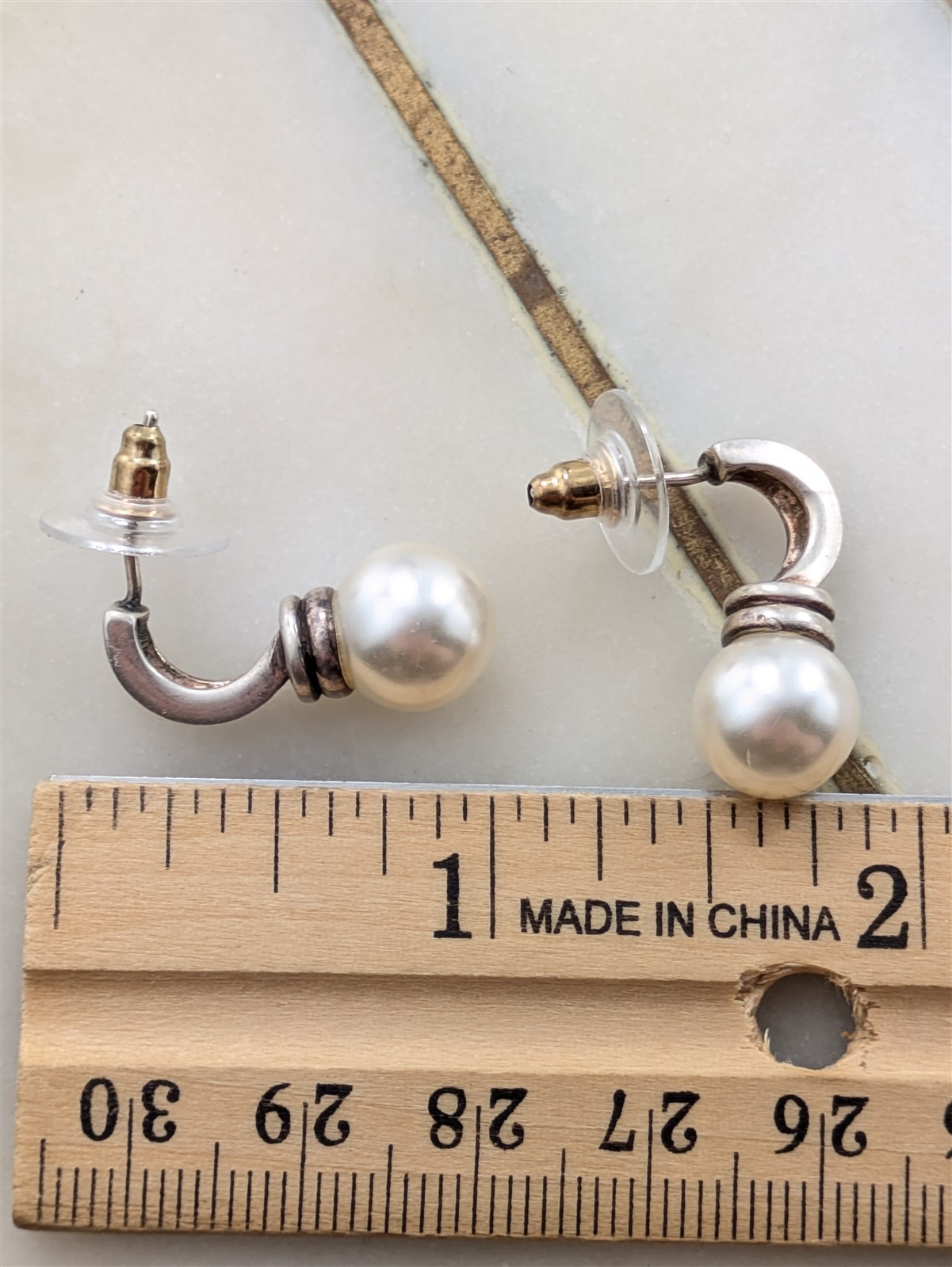 Vintage Solid Sterling Silver Faux Pearl Huggie Hoop Earrings – 5 Grams