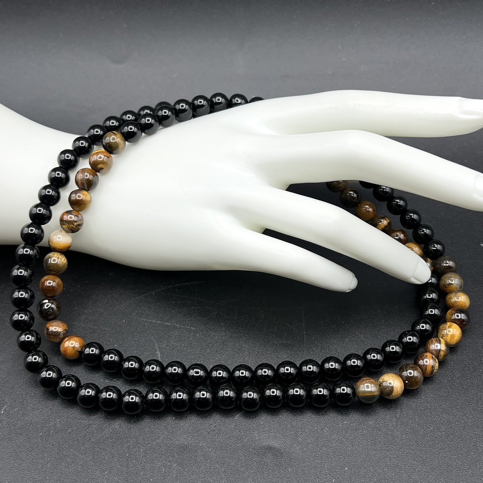 Black Glass & Brown Gemstone Beads Beaded Stretch Necklace or Crafting