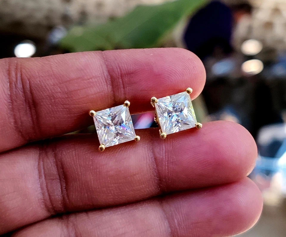 1.00Ct Princess Cut Moissanite Solitaire Stud Earrings 14K Yellow Gold Plated